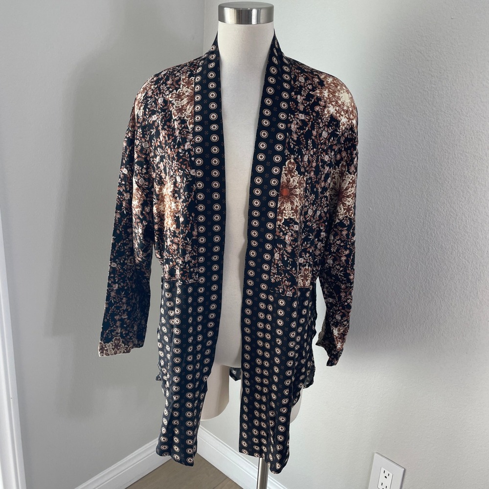 Free People Womens XS Mixed Floral Geometric Kimono Cardigan Black Brown Boho
